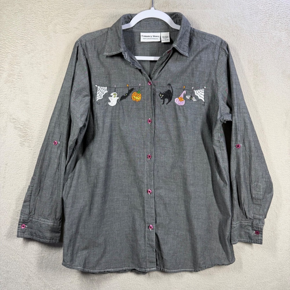 Country Store Blouse Women L Grey Halloween Embroidered Fall Pumpkin Ghost Cat